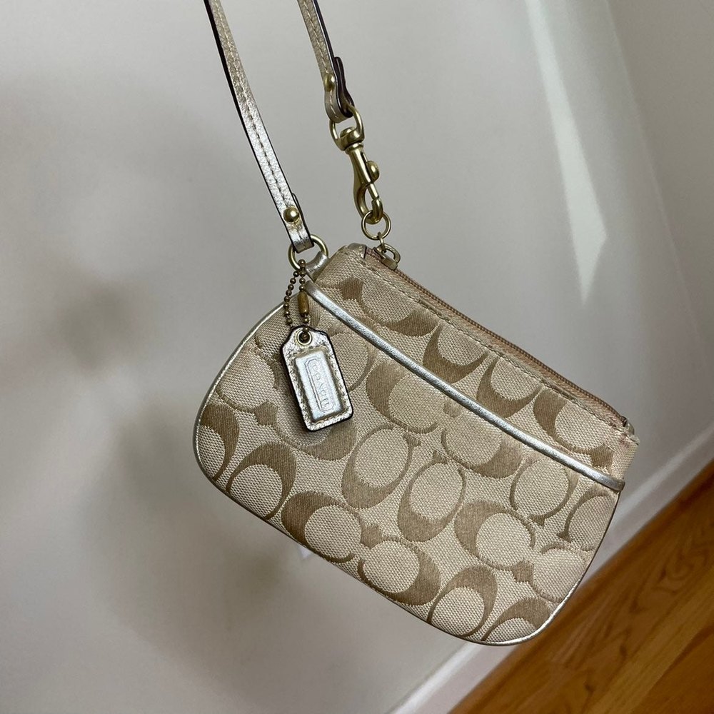 COACH Signature Monogram Small Wristlet Tan Beige - Picture 10 of 12